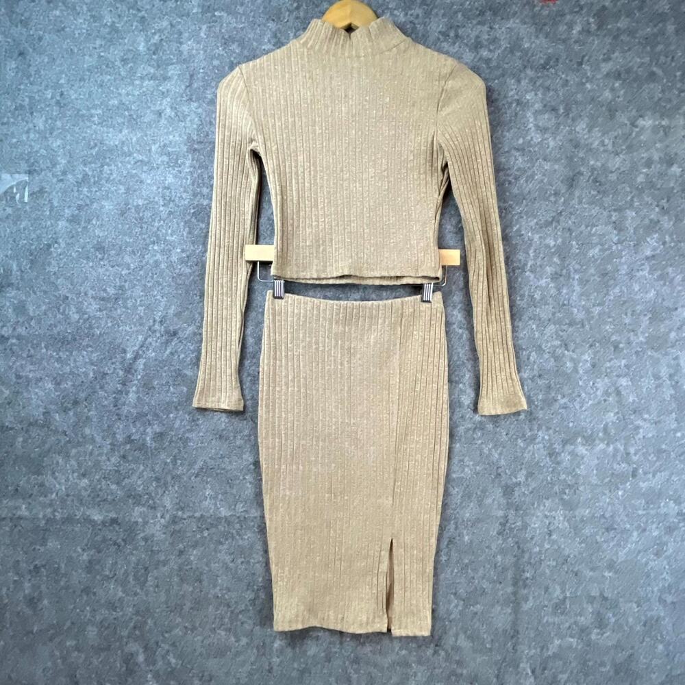 L'atiste By Amy Knit Skirt & Top Set Womens S Beige Cotton‎ Stretch Side Slit